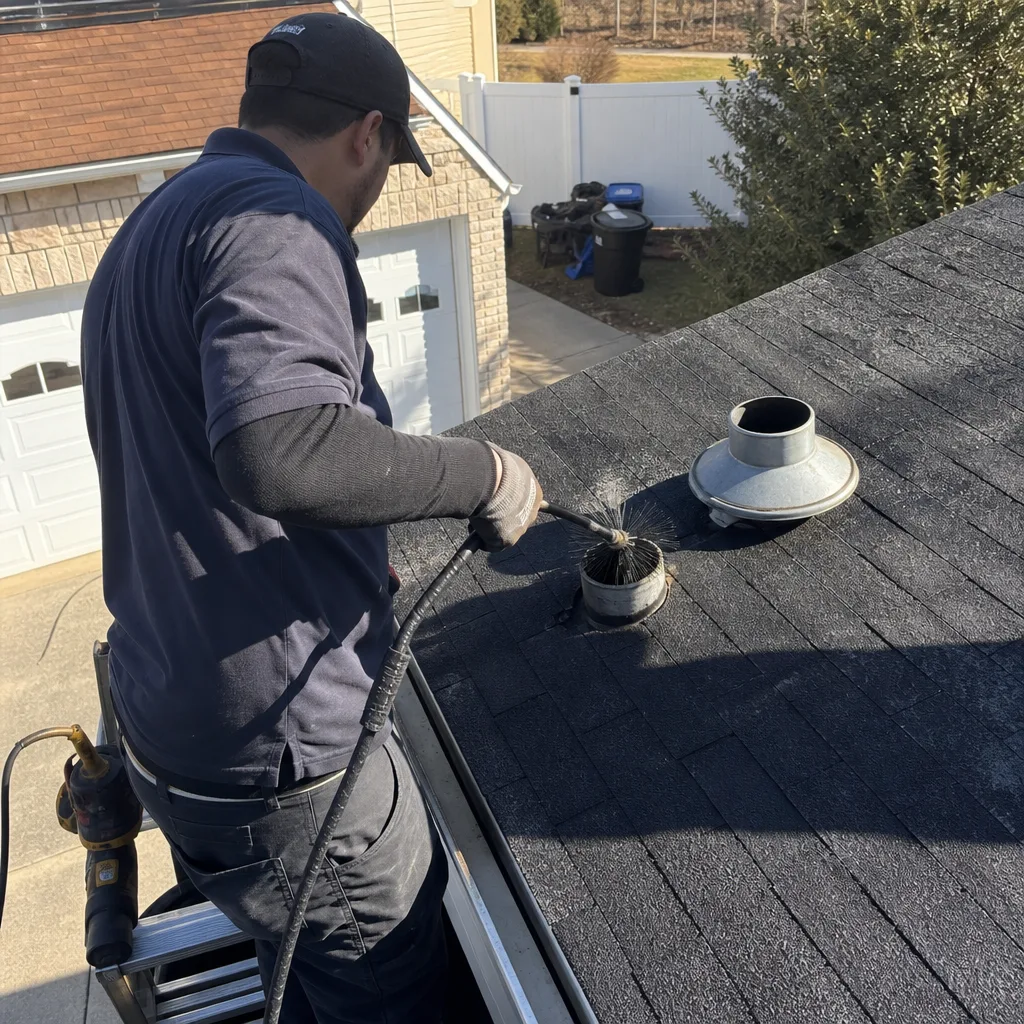Technician performing professional dryer vent cleaning on a residential roof