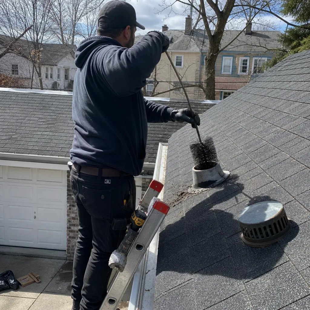 Technician using a brush to perform professional dryer vent cleaning